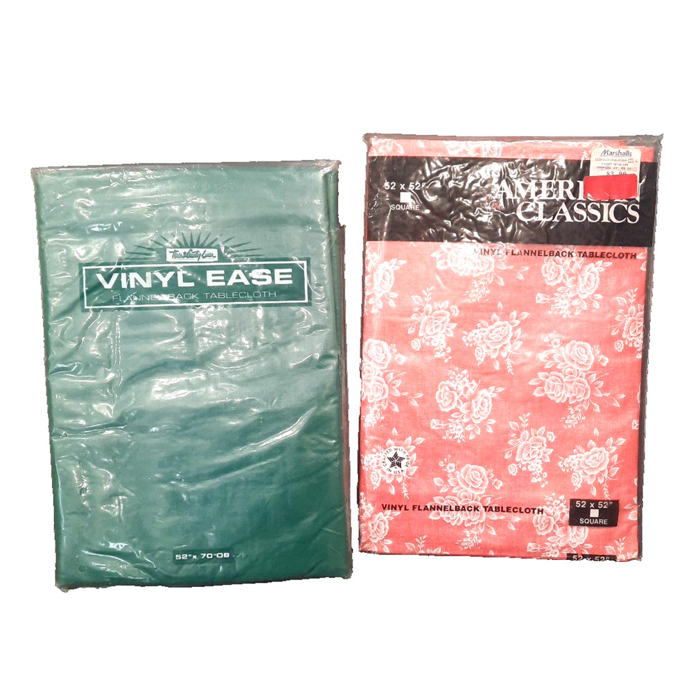 Vintage Set of 2 Vinyl Flannel-Backed Tablecloths 52"x70" Solid GREEN 52x52 ROSE